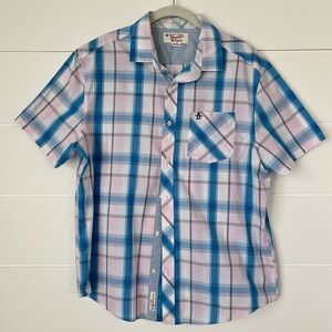 Original Penguin Men's Short Sleeve Lightweight Plaid Button Dow Shirt Large